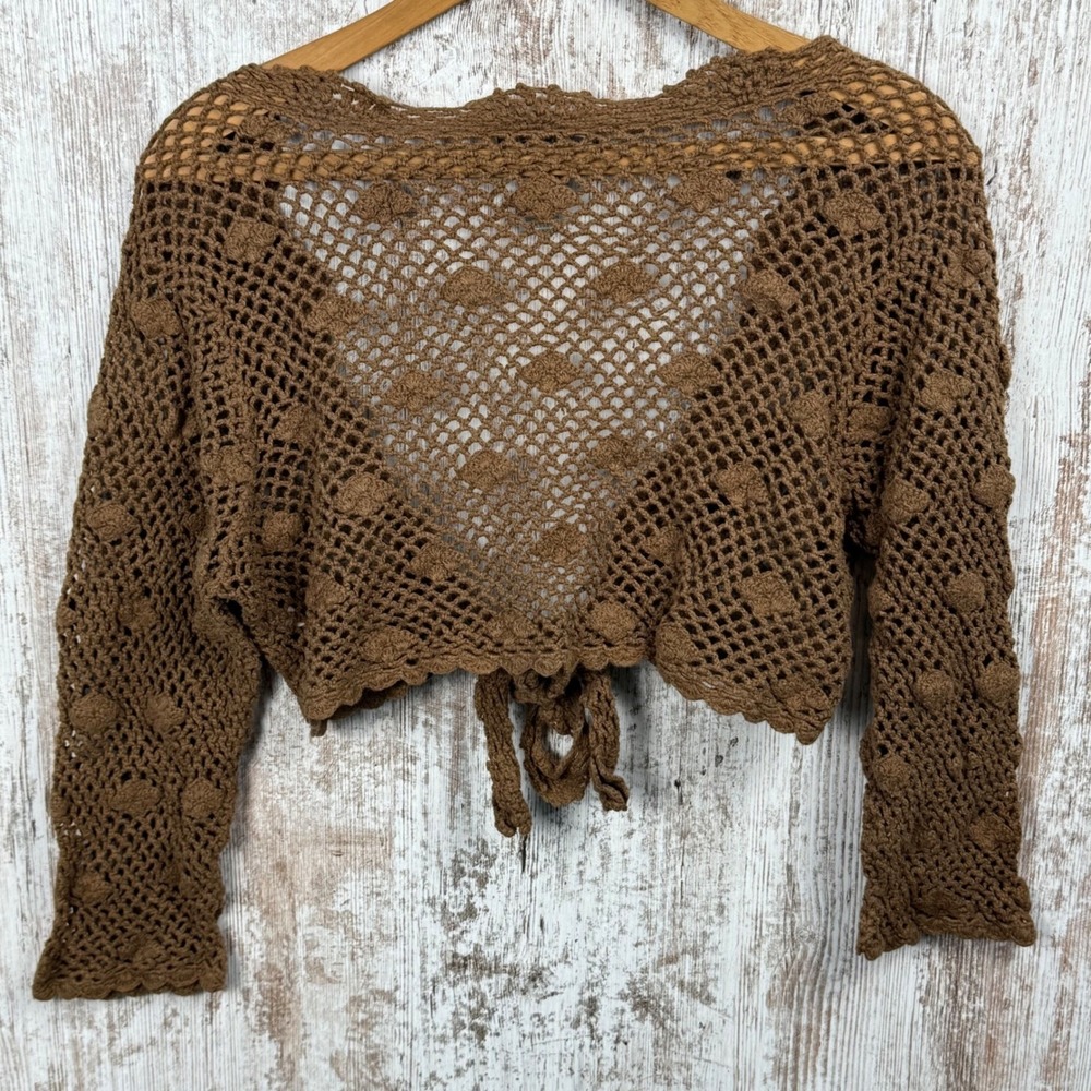 Dressbarn Coffee Brown Crochet Tie Front Shrug Cardigan Knit Cropped Sz 12 - Picture 3 of 7